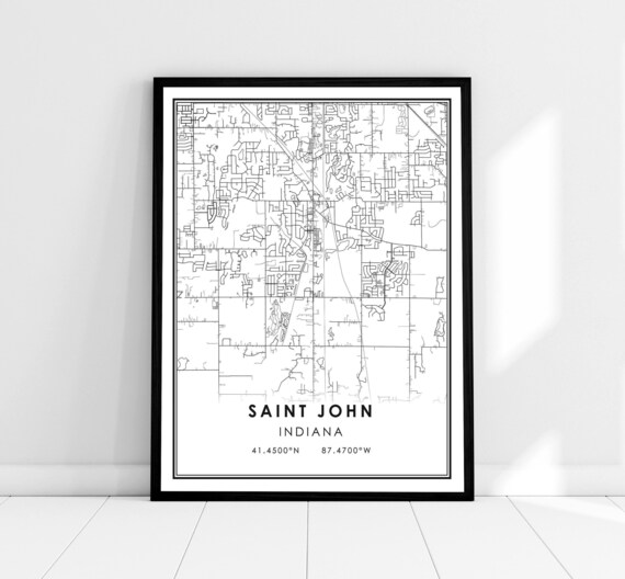 Saint John Indiana Minimalist Street Map Black and White Print
