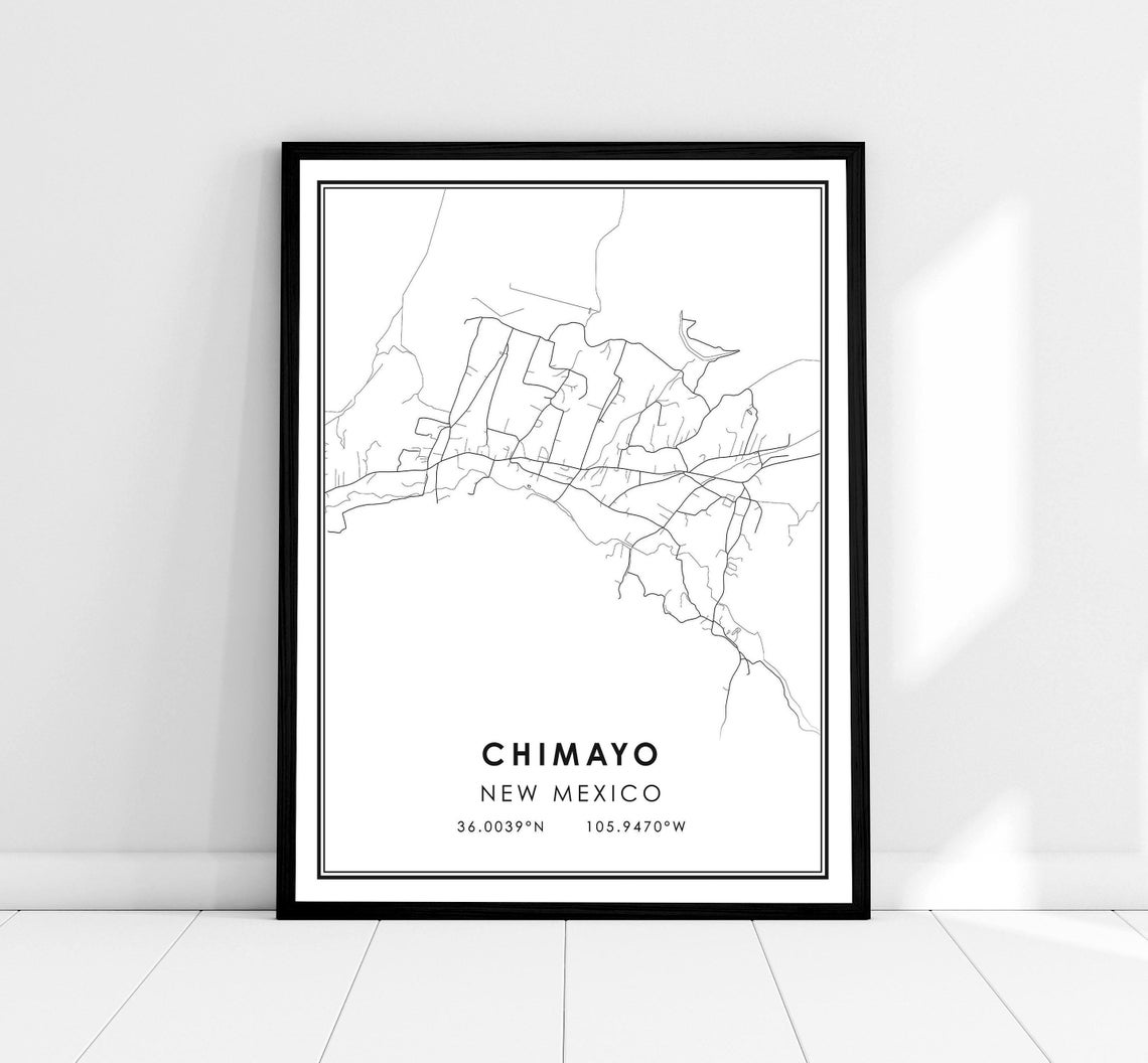 Chimayo New Mexico Town Street Map Minimalist Black White Print