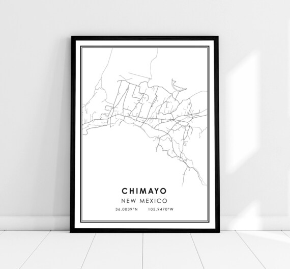 Chimayo New Mexico Town Street Map Minimalist Black White Print