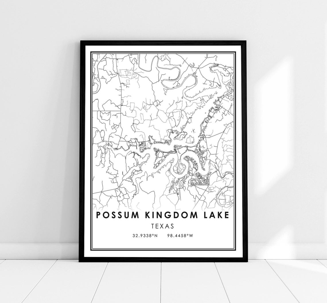 Possum Kingdom Lake Texas Minimalist Lake Map Coordinates Art Poster
