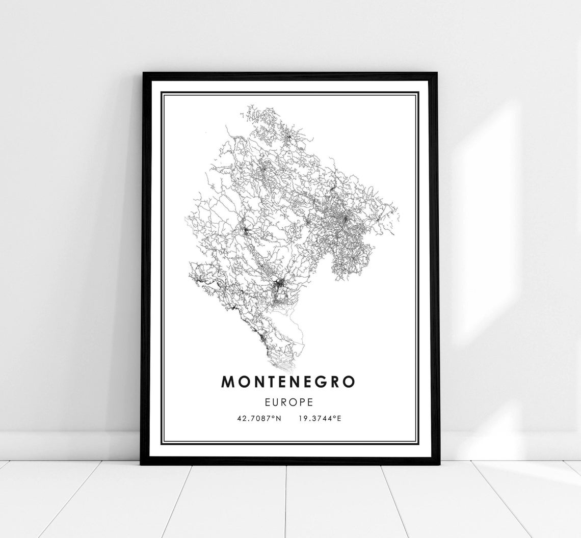 Montenegro Country Map, Travel Poster