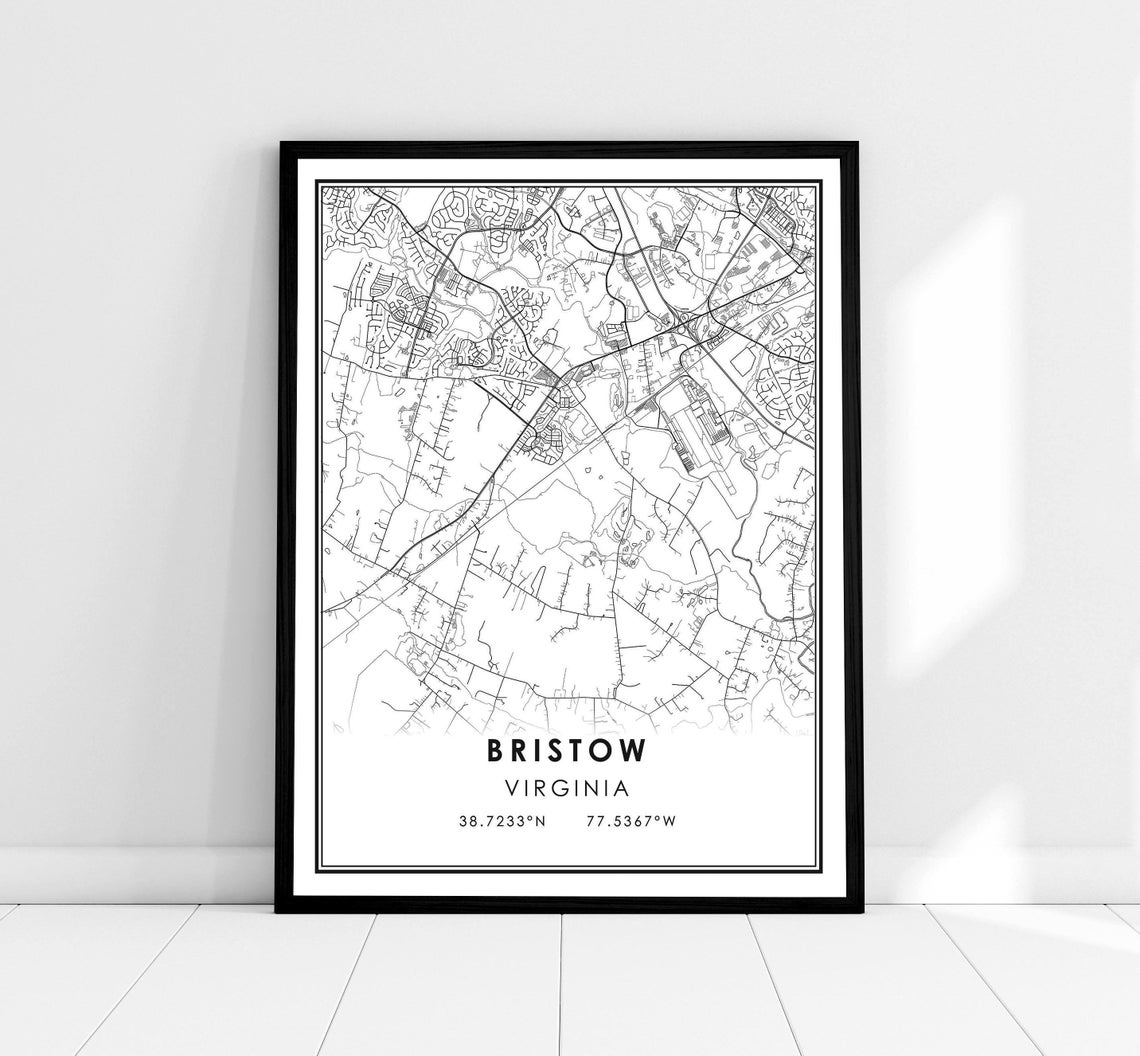 Bristow Virginia Minimalist Black And White Street Map Print