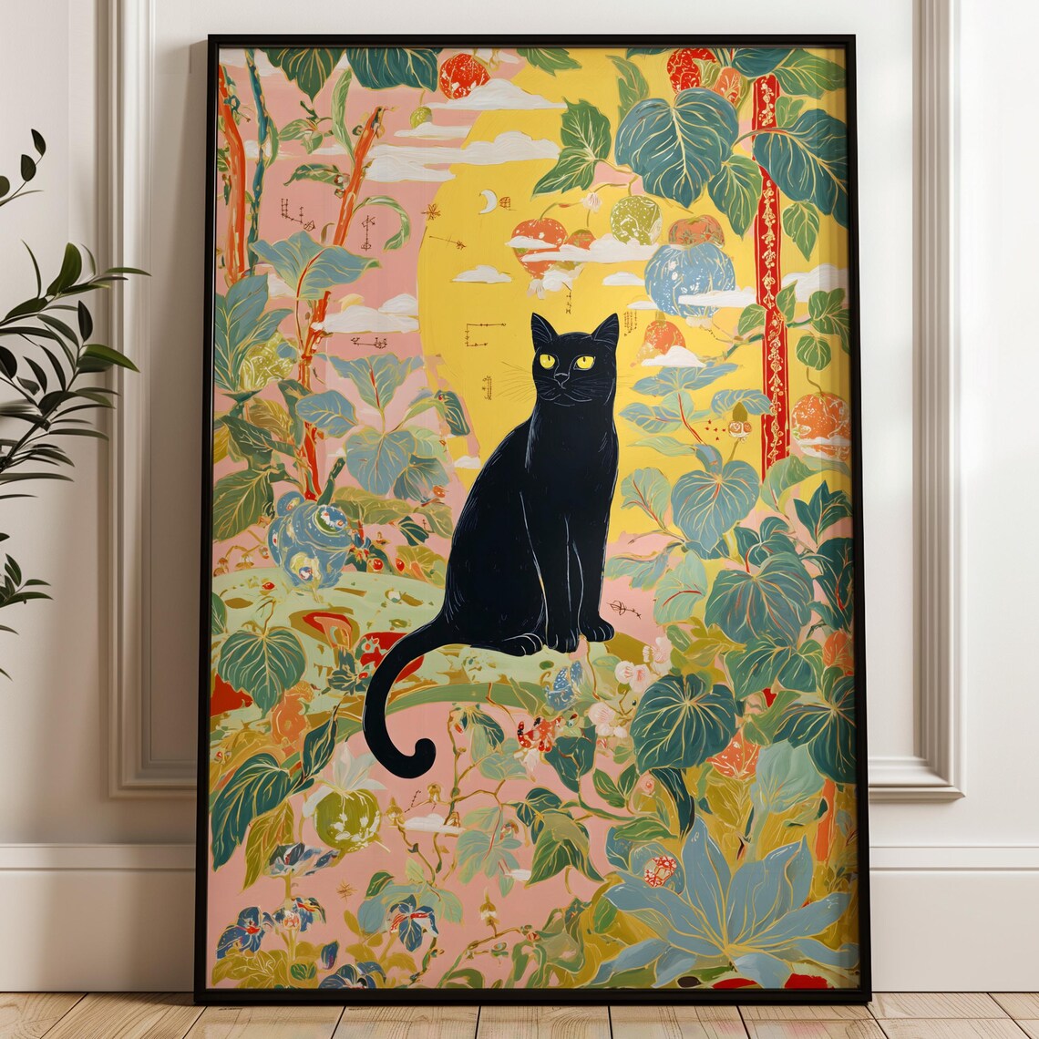 Black Cat in Lush Botanical Garden Japanese Style Art Poster