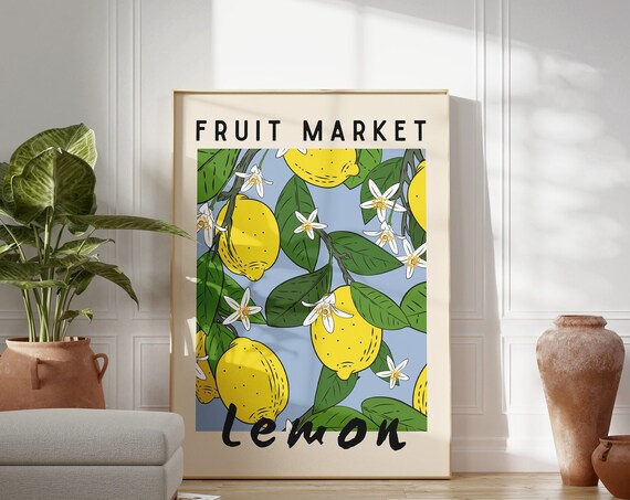 Lemon Fruit Market Branch Blossoms Retro Botanical Art Poster