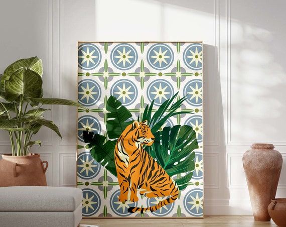 Tiger Wall Art Green Animal Print Illustration Jungle Poster Summer Eclectic Home Decor Colorful Large Gallery