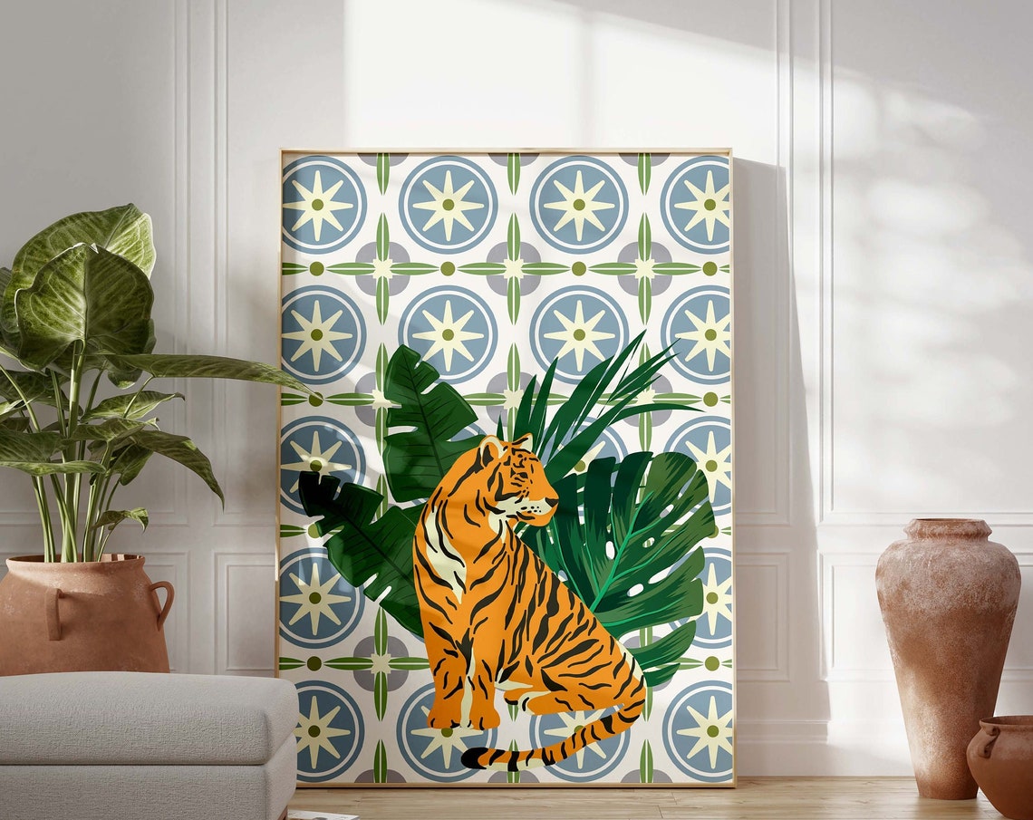 Tiger Wall Art Green Animal Print Illustration Jungle Poster Summer Eclectic Home Decor Colorful Large Gallery