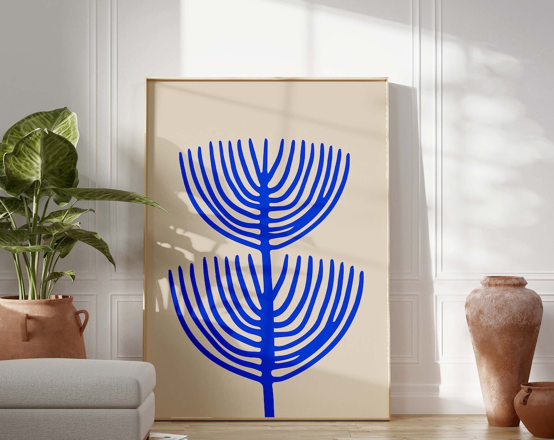 Bold Blue Botanical Plant Abstract Matisse Style Modern Wall Art