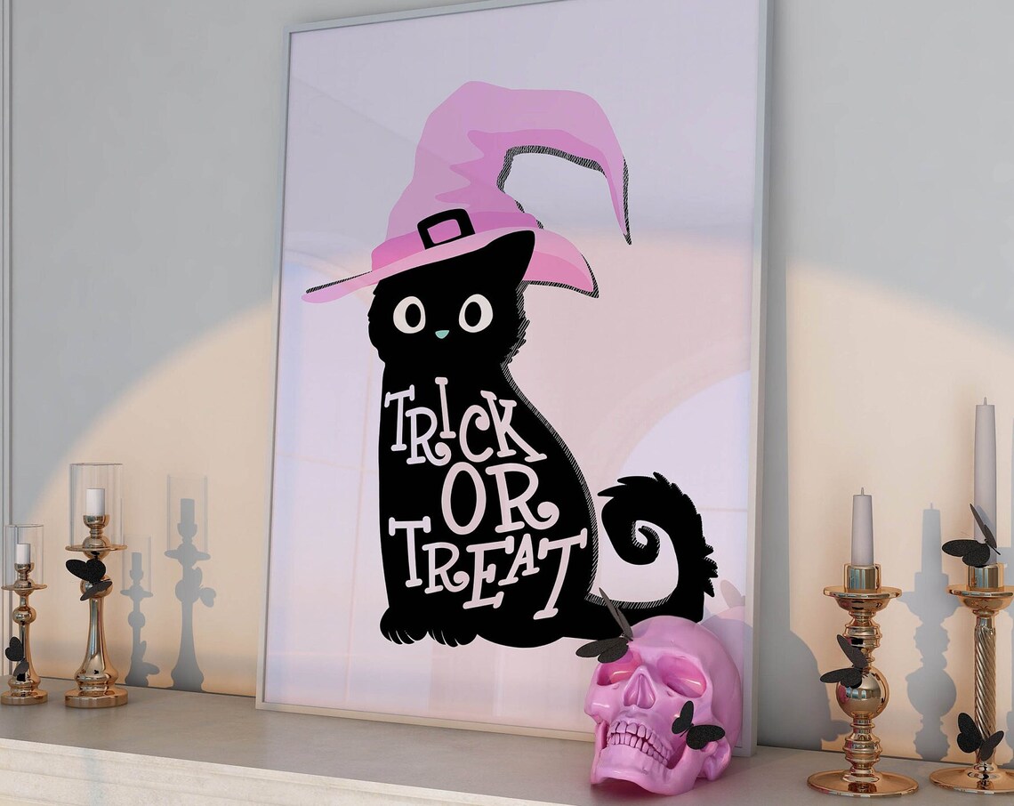 Trick Or Treat Black Cat Witch Hat Pastel Pink Halloween Poster - Image 2