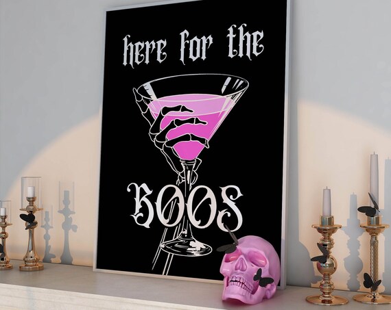 Here For The Boos Skeleton Hand Pink Martini Halloween Art Poster