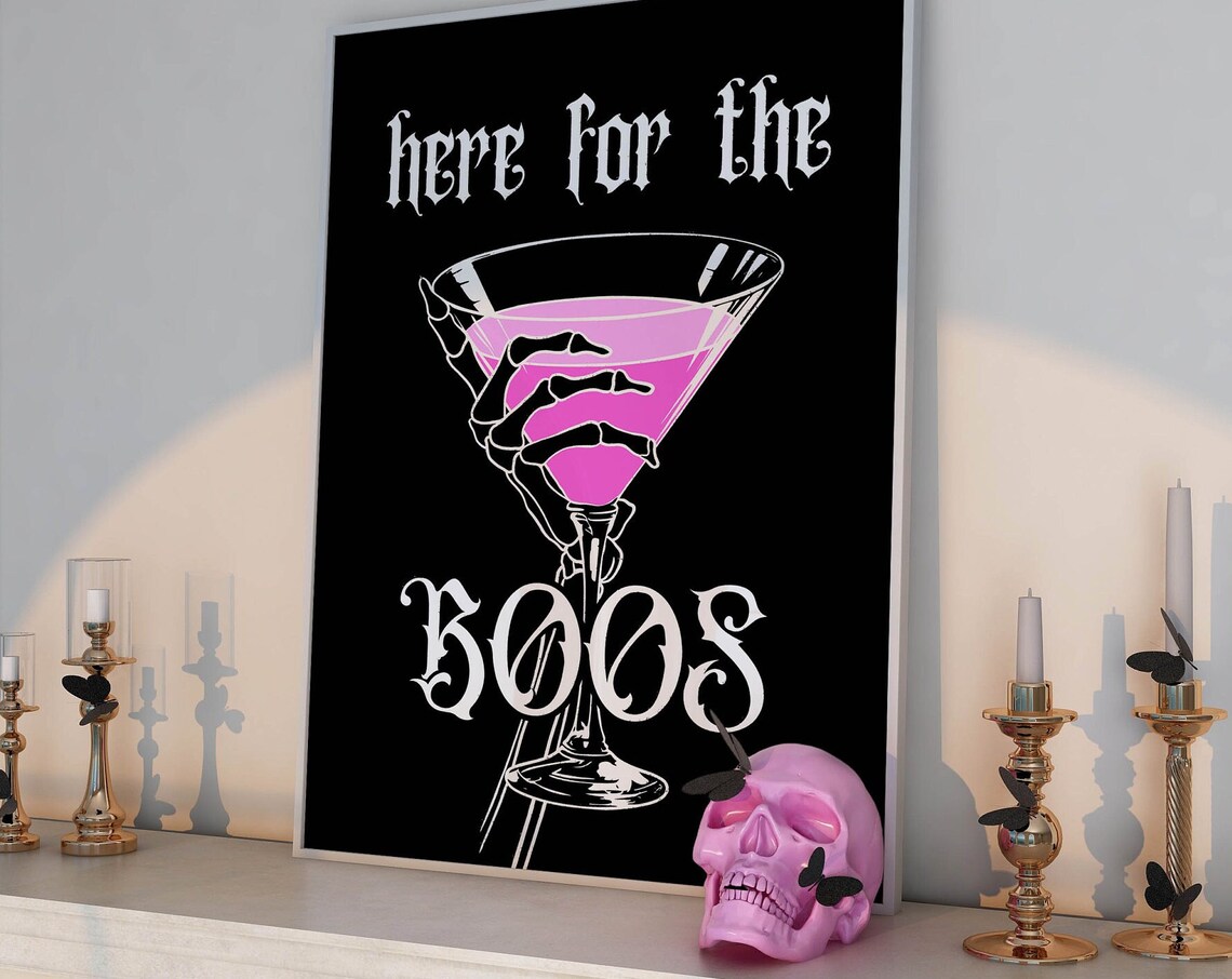 Here For The Boos Skeleton Hand Pink Martini Halloween Art Poster