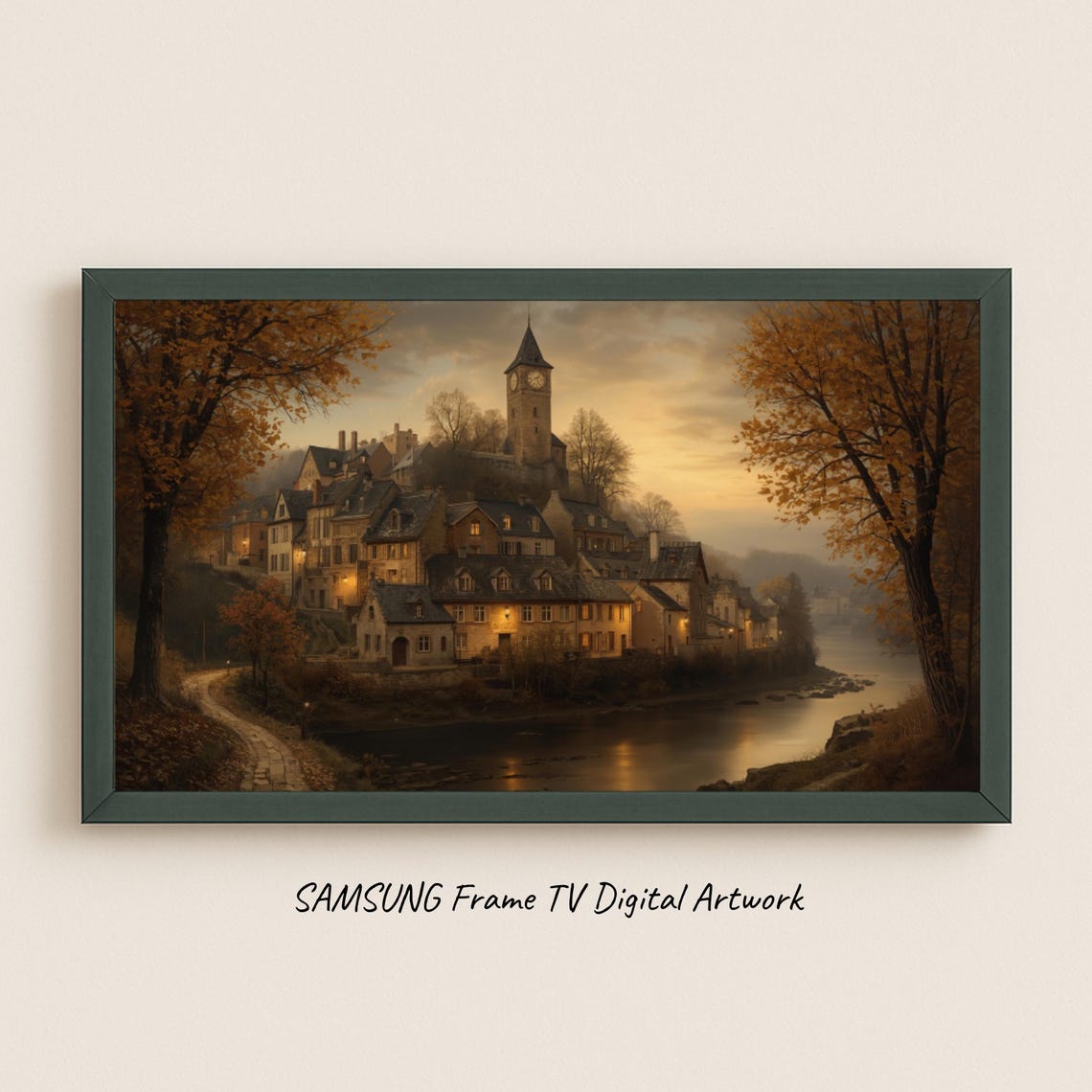 Hilltop Town at Golden Dusk Riverside Old Bridge Frame TV Art Print