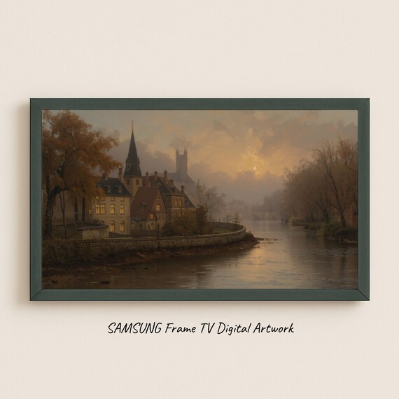 Evening Glow Over The Riverside Old Town Church Spires Painting Poster