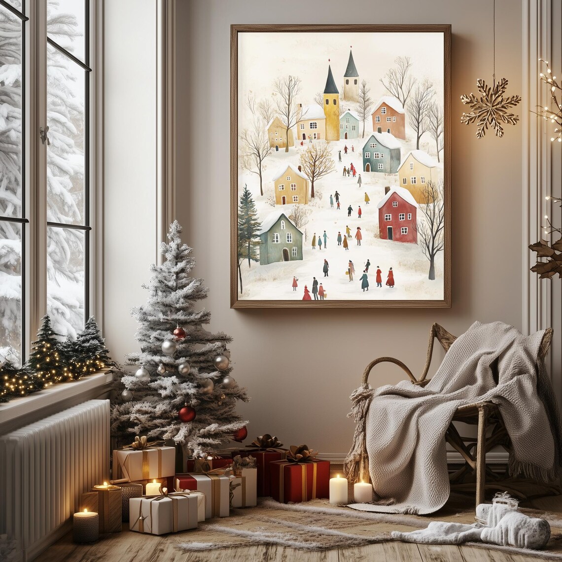 Muted Watercolor Winter Village Church Spires Snowy Holiday Poster - Image 3