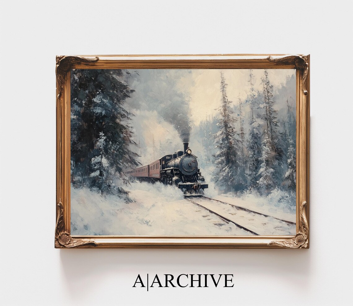 Vintage Steam Train Snowy Pine Forest Winter Scene Christmas Poster