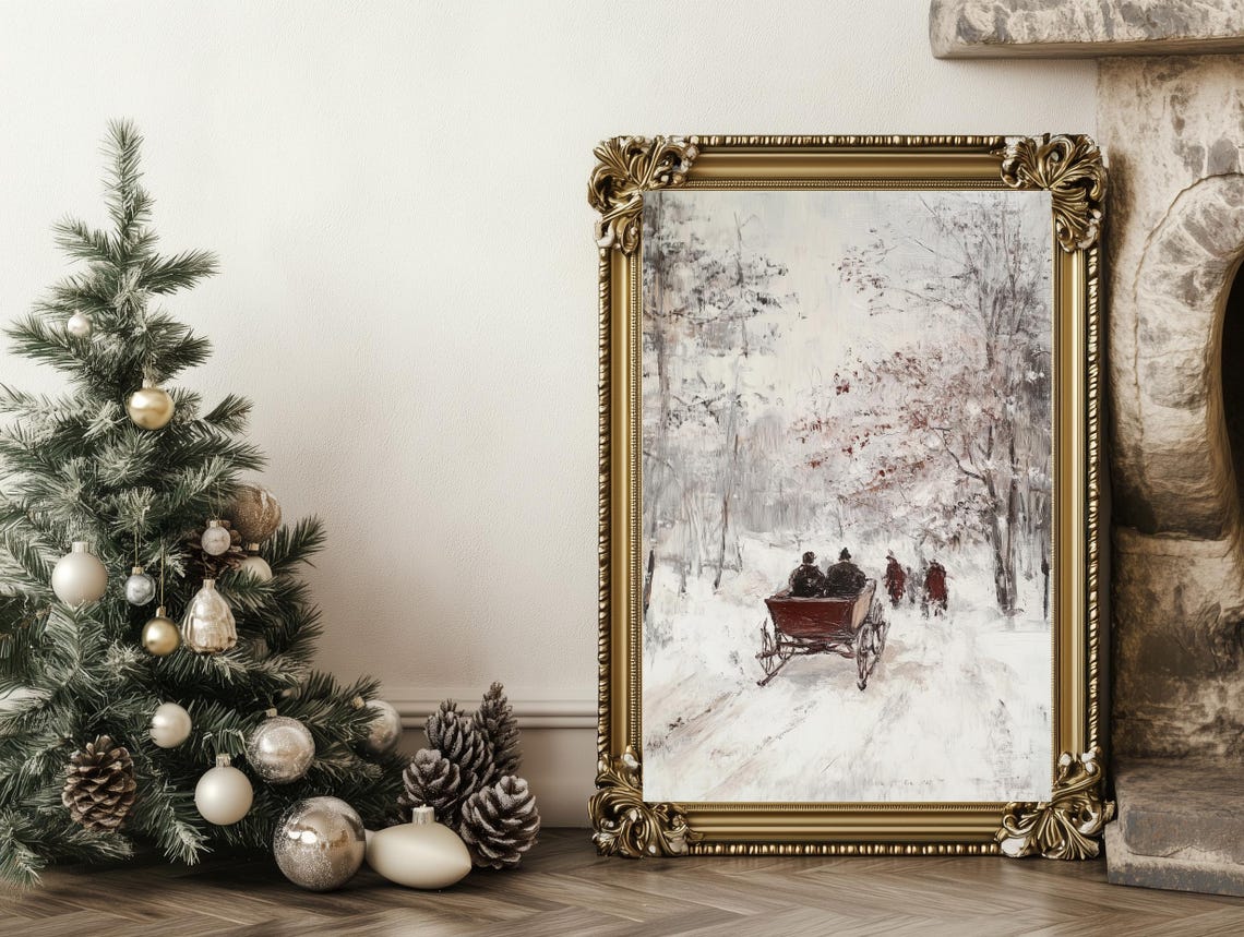 Vintage Horse Sleigh Snowy Forest Path Winter Christmas Poster - Image 2