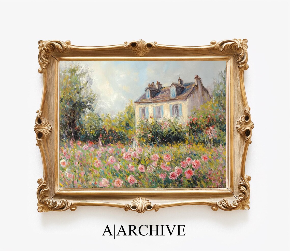 Cottage Behind a Field of Pink Roses Vintage Oil Painting Poster - Image 3