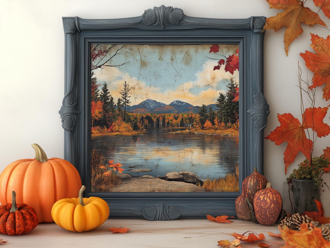 Autumn Mountain Lake Birch Trees Rustic Vintage Scenic Poster - Image 3