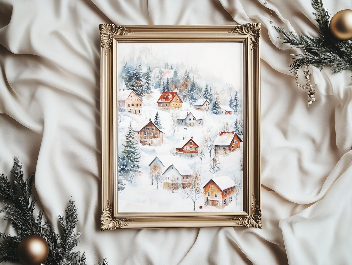 Snowy Evergreen Village Winter Scene Watercolor Christmas Poster - Image 3