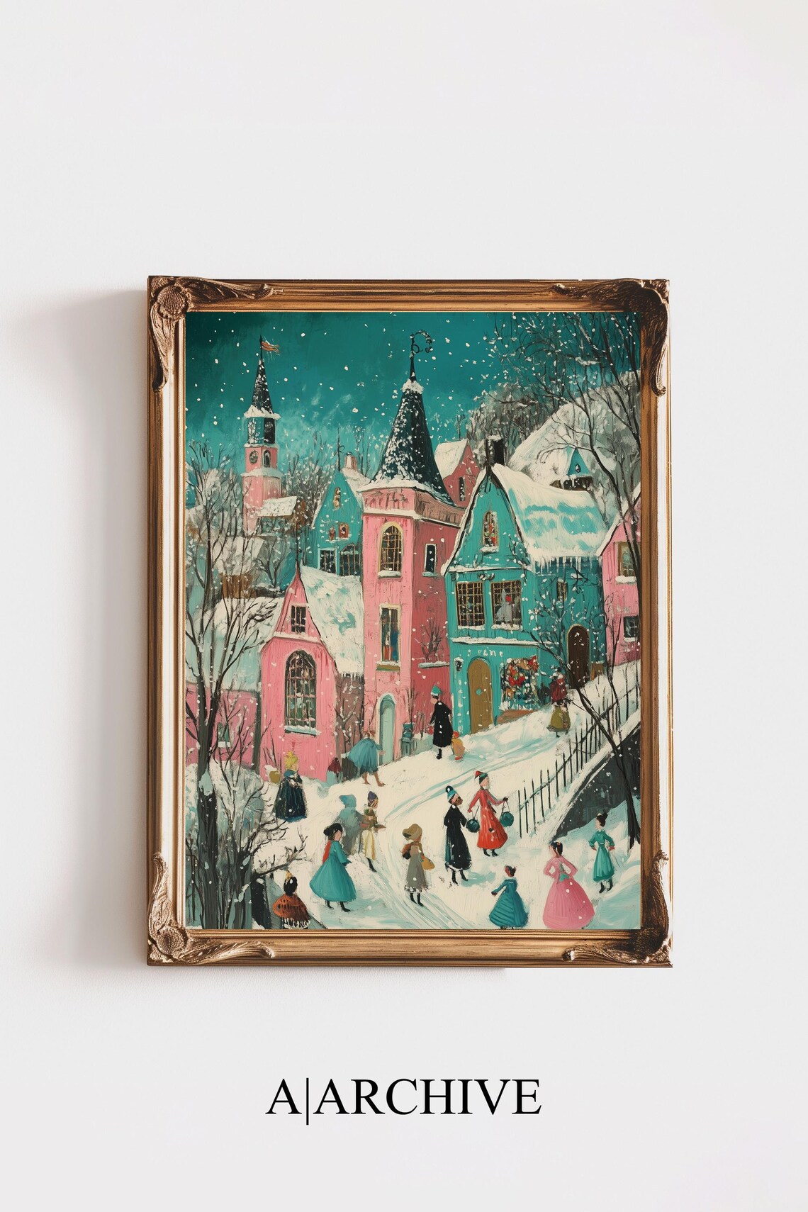 Christmas Village Night Scene Winter Street Retro Holiday Poster