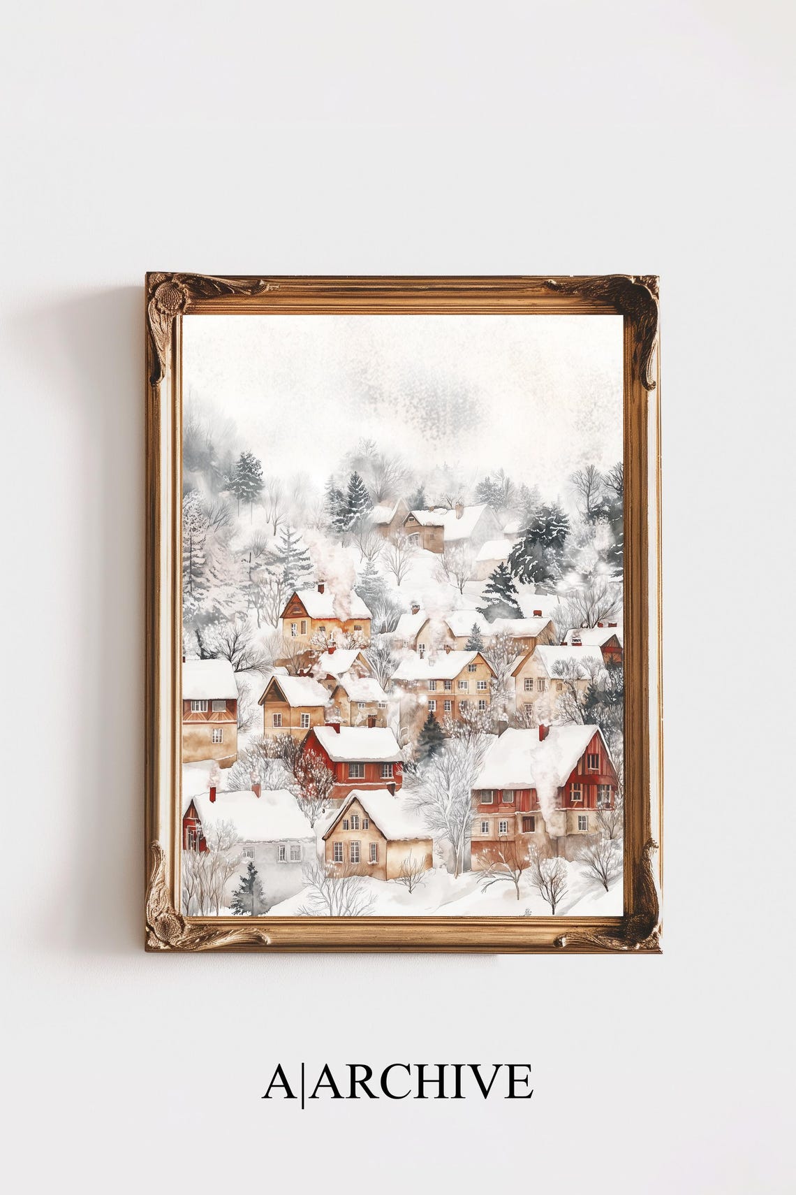 Snow Blanketed Village Falling Snow Red Brown Houses Winter Poster