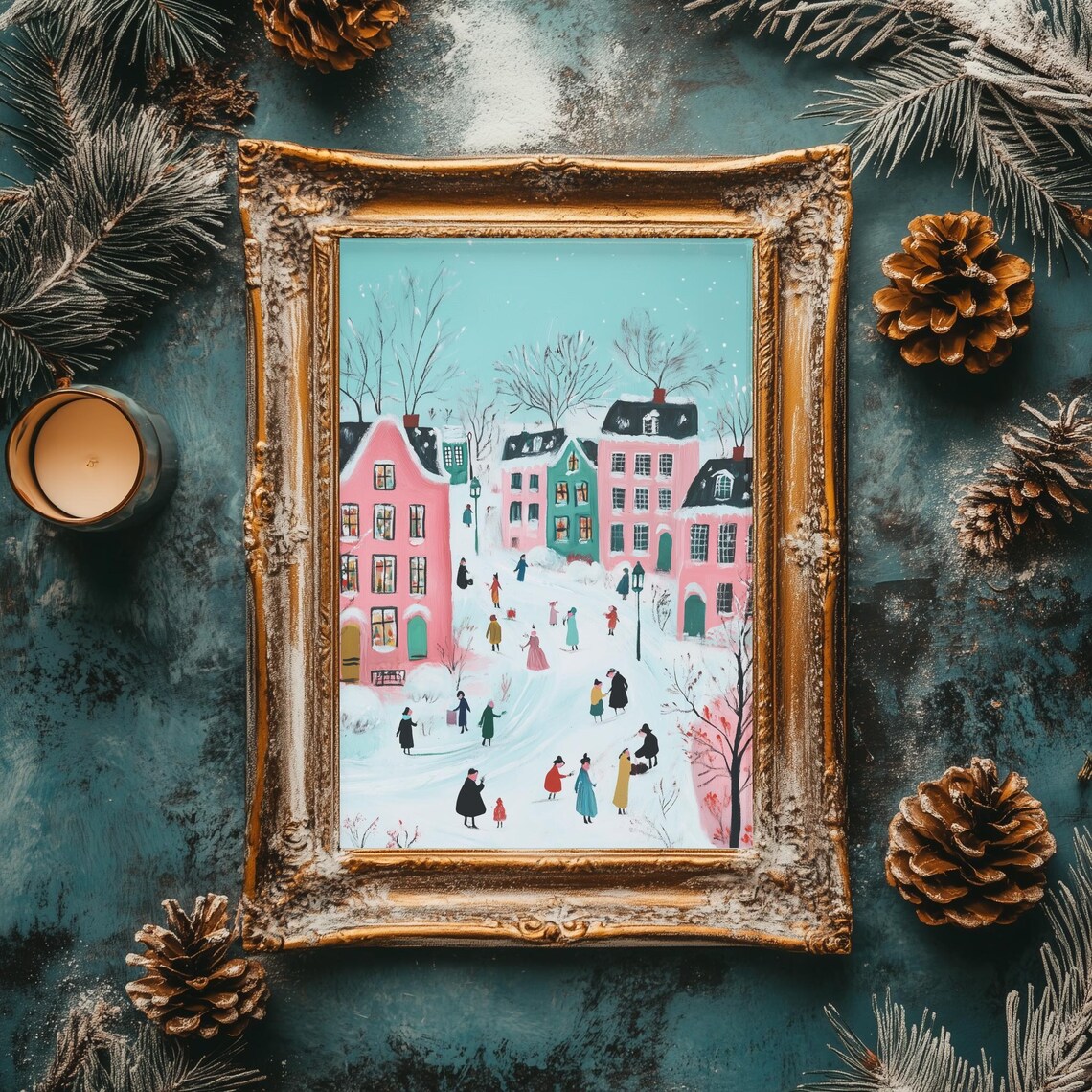 Pink Holiday Village Winter Scene Retro Farmhouse Christmas Poster - Image 2