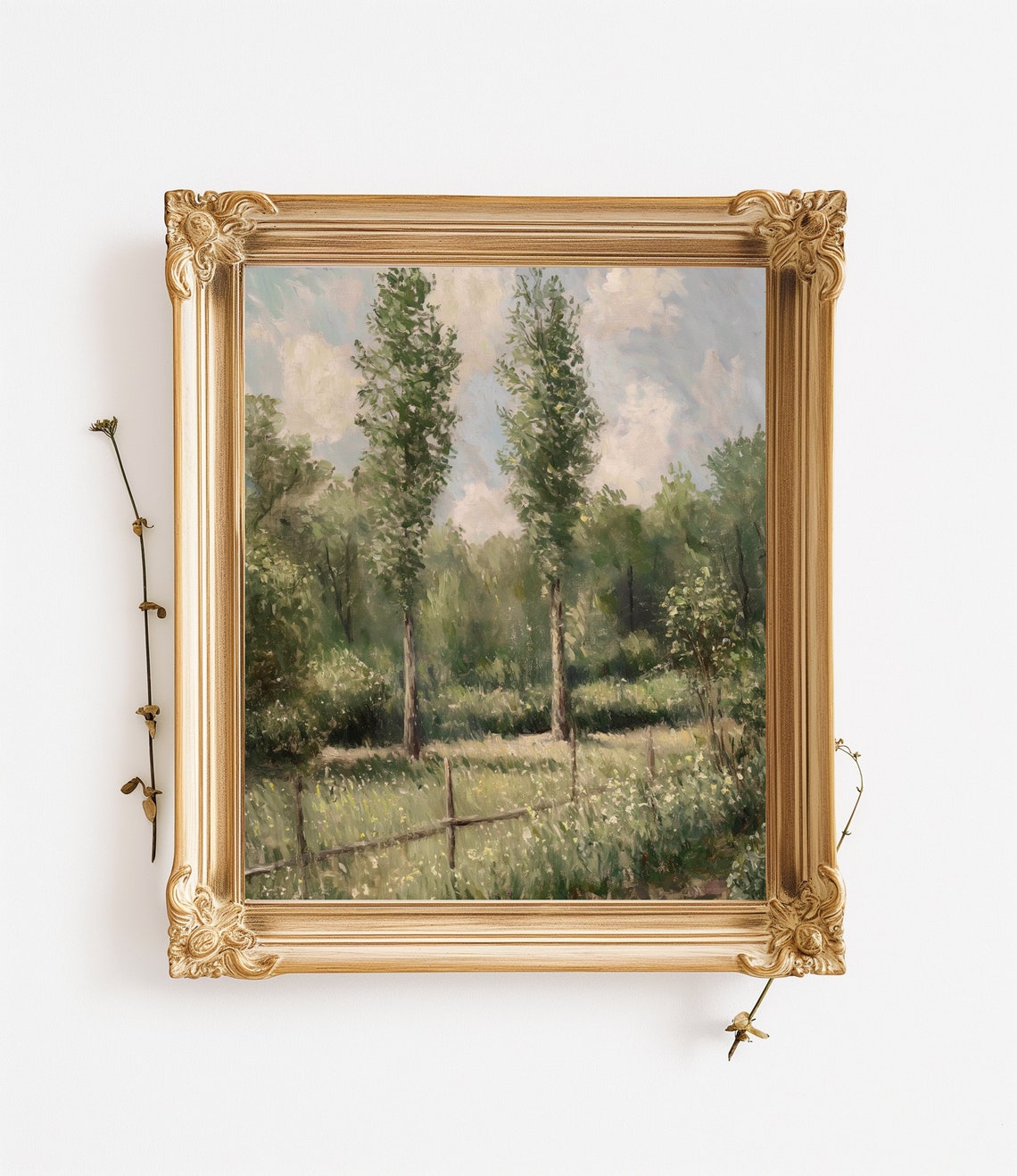 Impressionist Poplar Trees Meadow Painting Fence Vintage Print