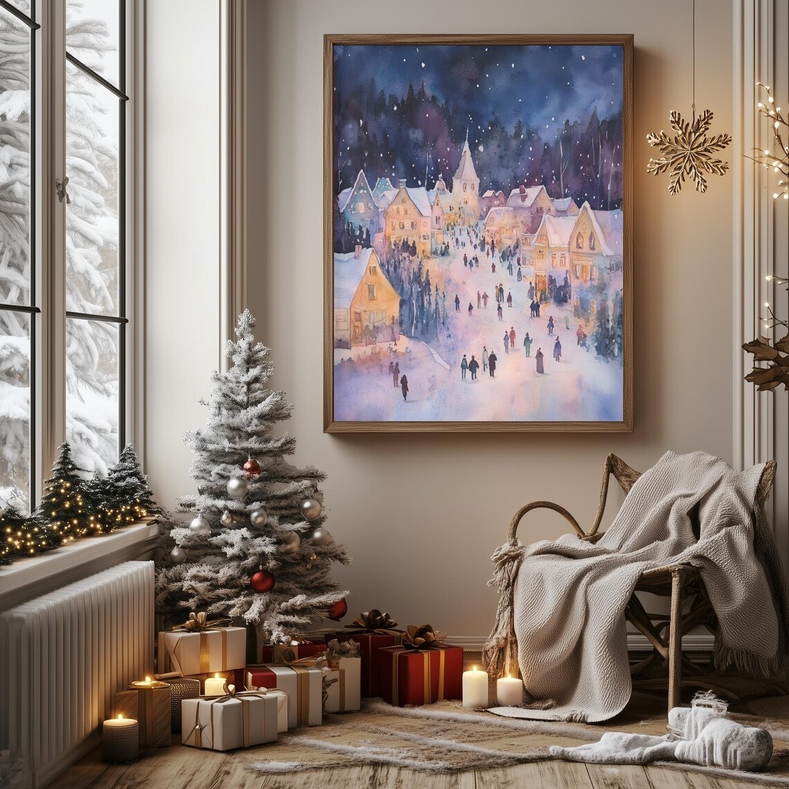 Snowy Christmas Town Night Glowing Windows Church Winter Scene Poster - Image 3