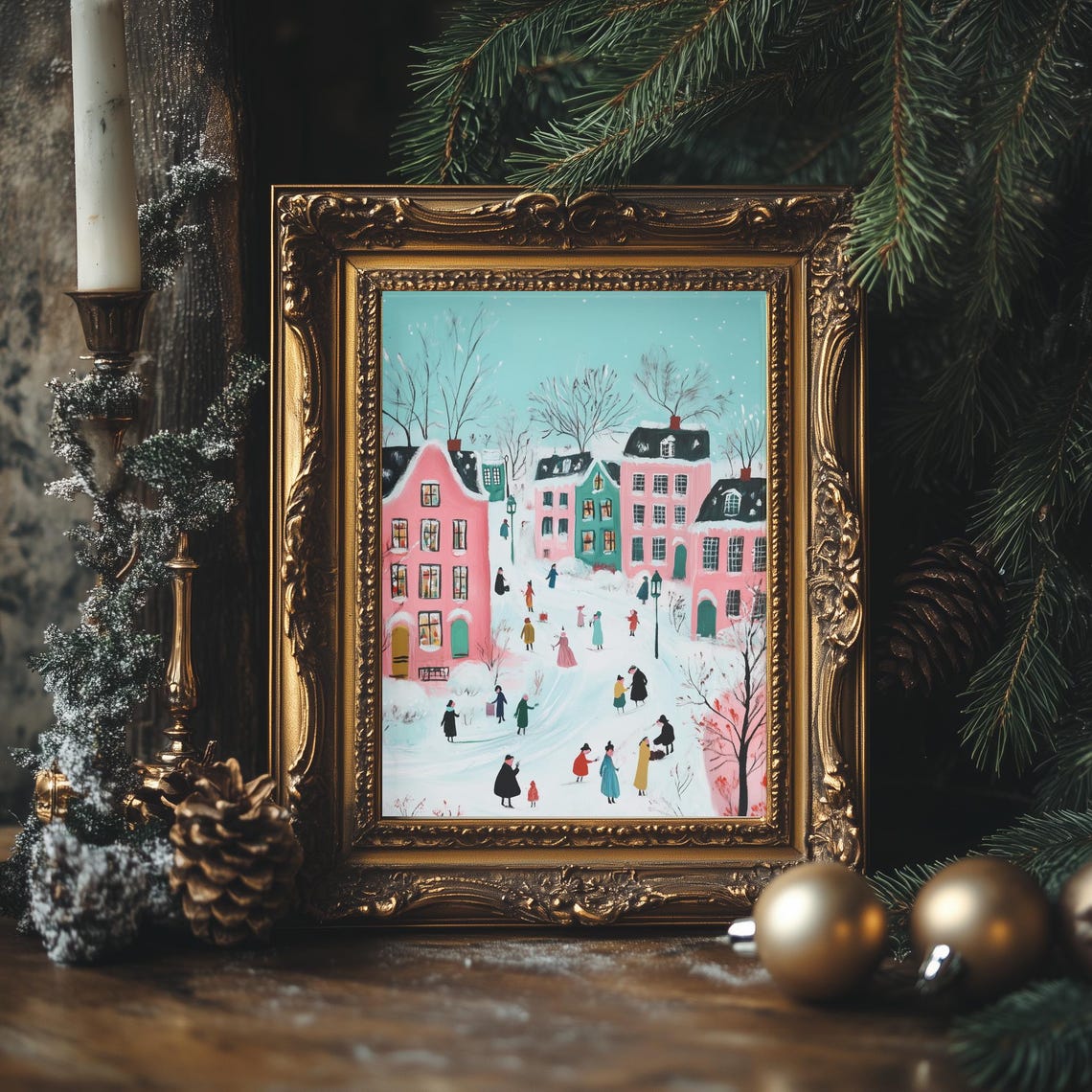 Pink Holiday Village Winter Scene Retro Farmhouse Christmas Poster - Image 4