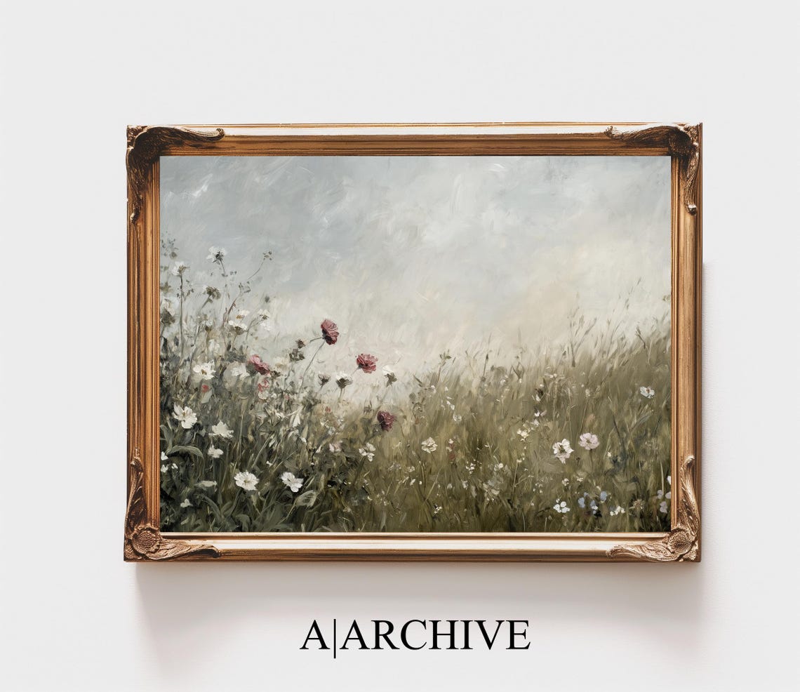Misty Wildflower Meadow White Red Blooms Impressionist Art Poster