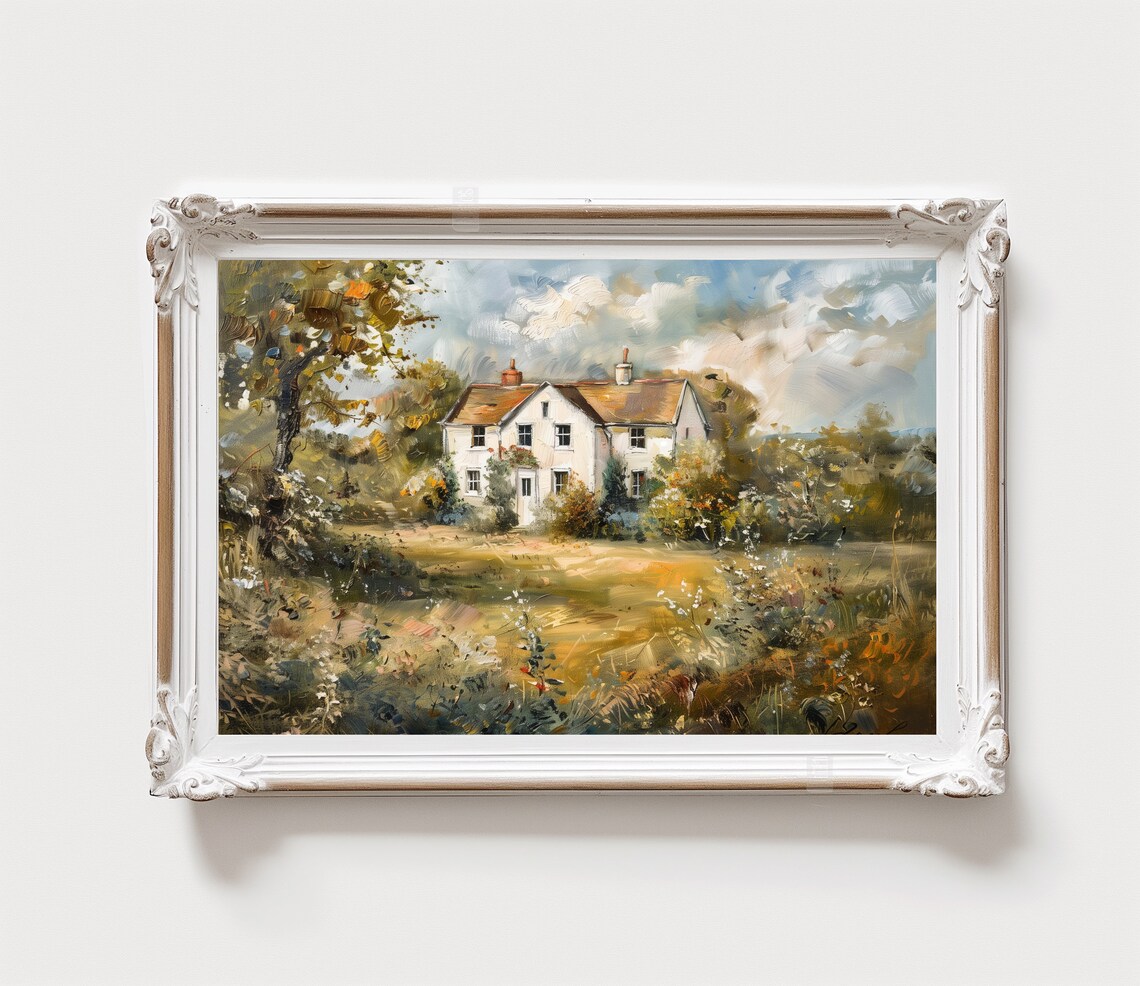 Sunlit Farmhouse Meadow Antique Oil Painting Country Landscape Print