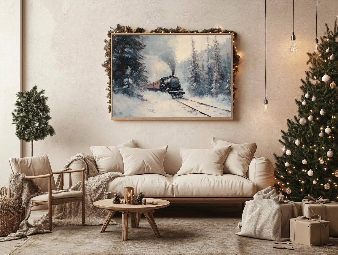 Vintage Steam Train Snowy Pine Forest Winter Scene Christmas Poster - Image 2
