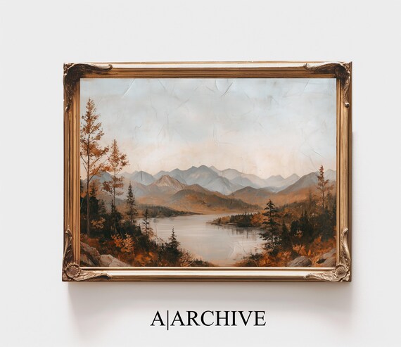 Autumn Mountain Lake Pines Reflection Vintage Landscape Poster