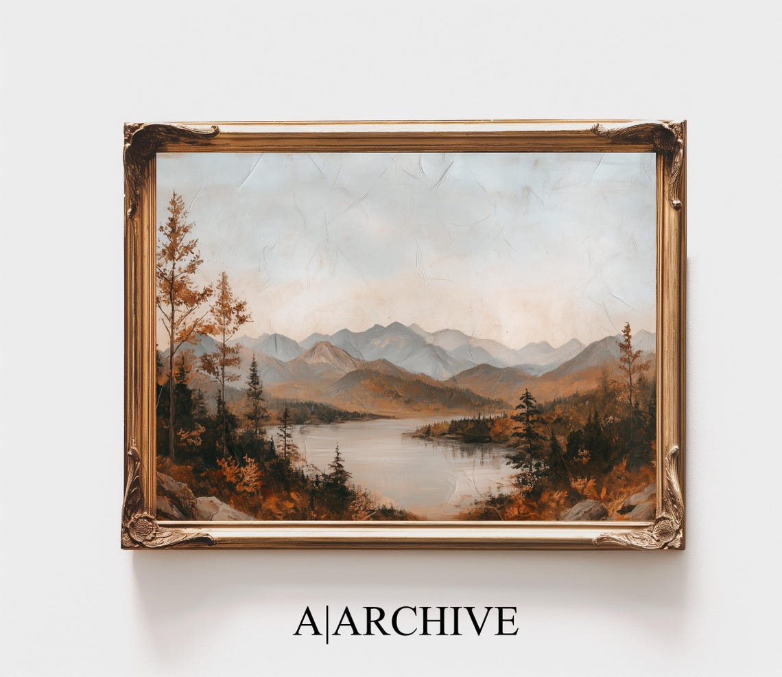 Autumn Mountain Lake Pines Reflection Vintage Landscape Poster