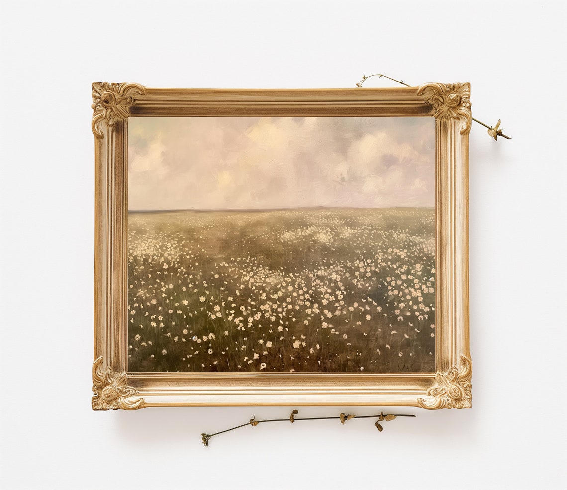 White Wildflower Meadow Hazy Sky Soft Floral Landscape Neutral Poster - Image 3