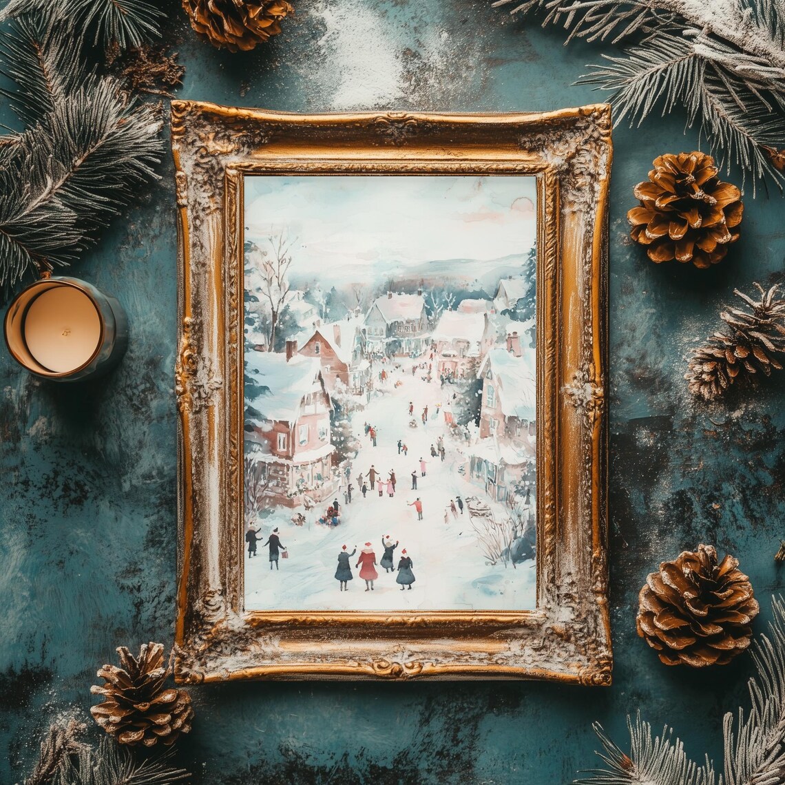 Winter Village Street Scene Watercolor Snowy Christmas Holiday Poster - Image 2