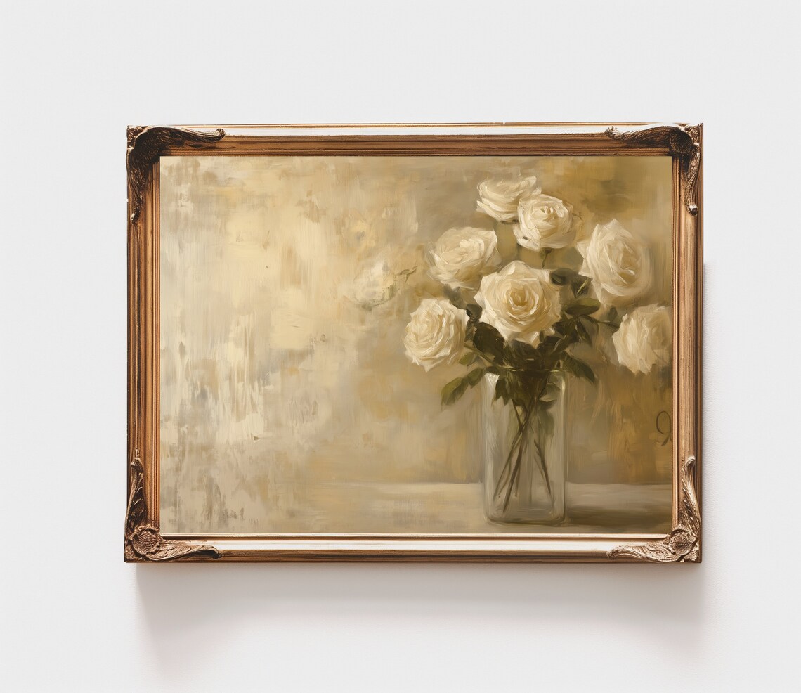 White Roses Glass Vase Neutral Floral Still Life Farmhouse Poster - Image 3