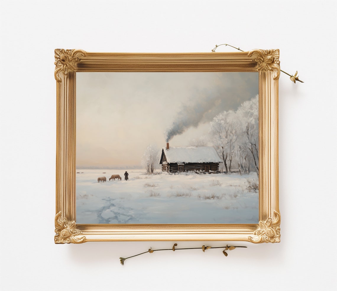 Snow Covered Log Cabin Smoking Chimney Horses Frosty Field Poster - Image 2