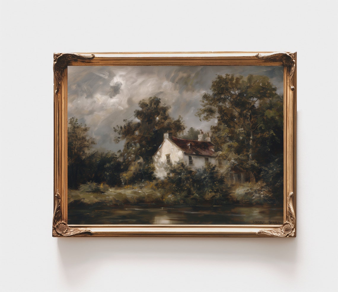 Antique Oil Painting Cottage by River Dark Trees Moody Print - Image 2