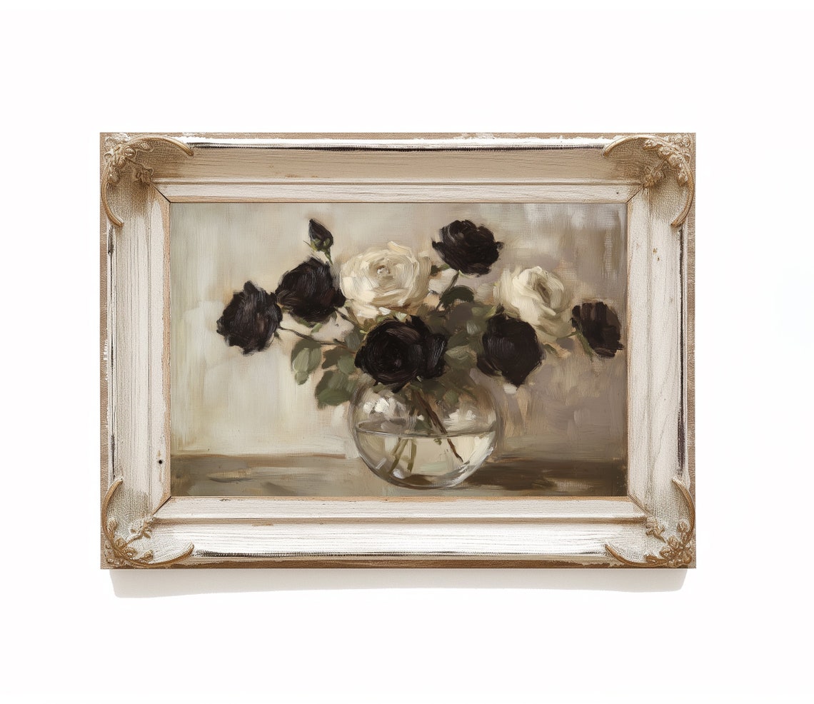 Black White Roses Glass Vase Dramatic Floral Still Life Art Poster