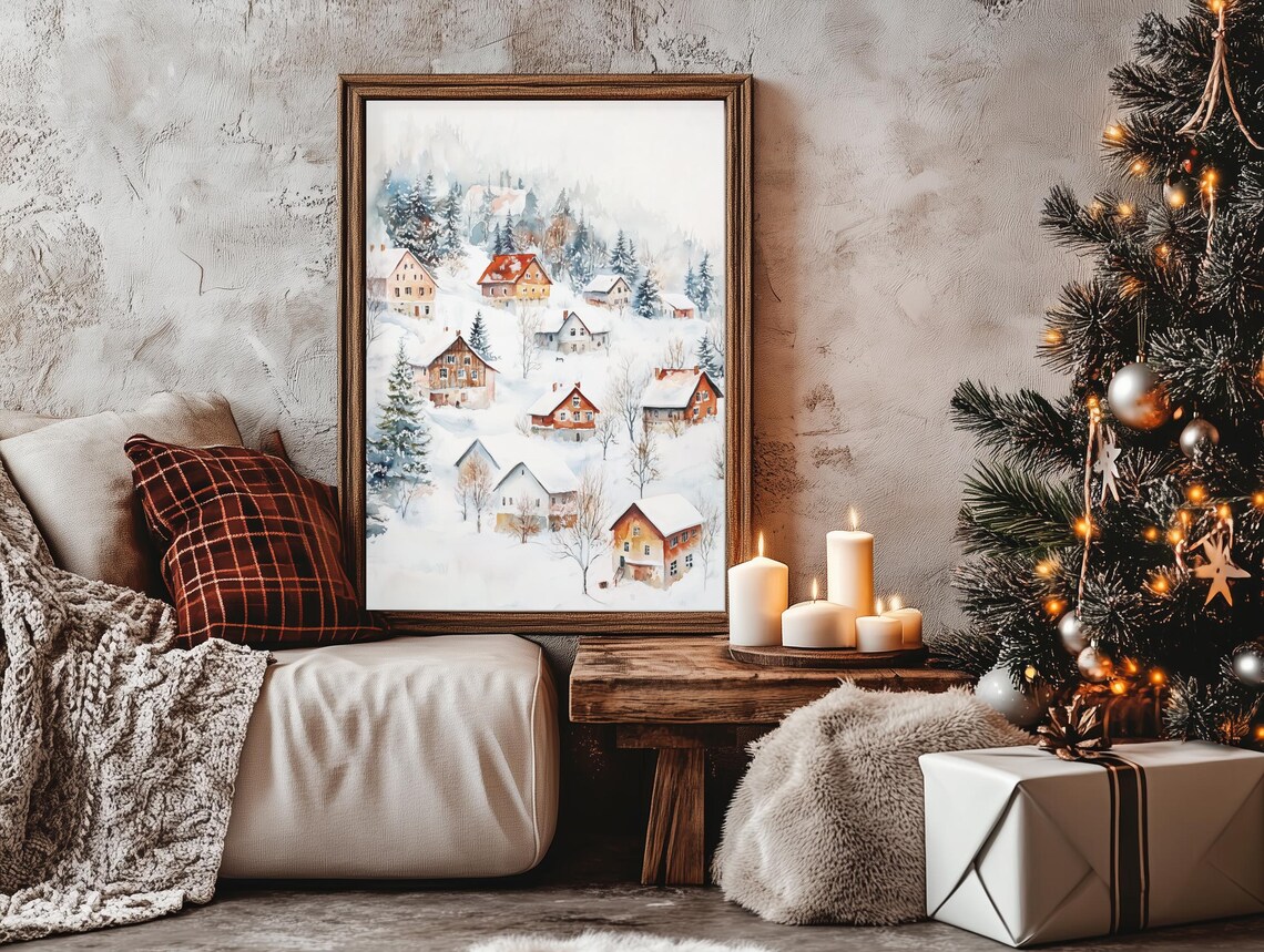 Snowy Evergreen Village Winter Scene Watercolor Christmas Poster - Image 4
