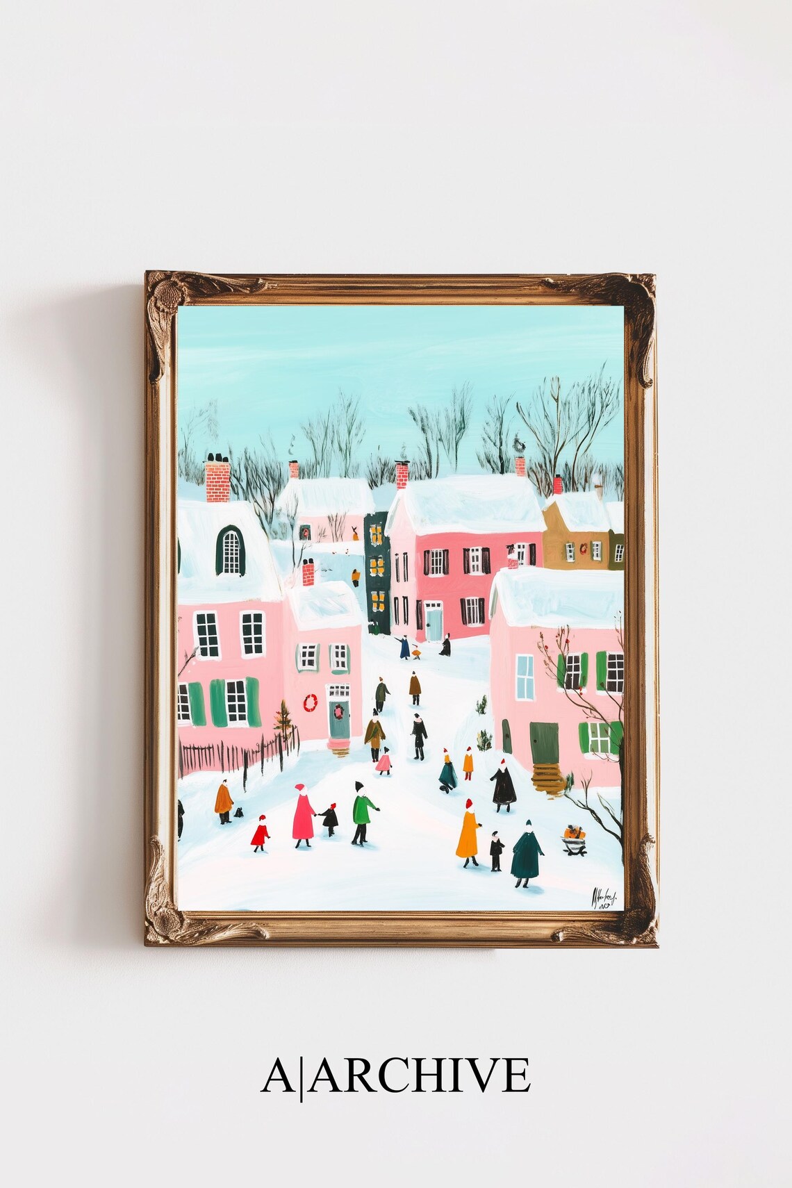 Retro Christmas Town Winter Street Scene Colorful Holiday Poster