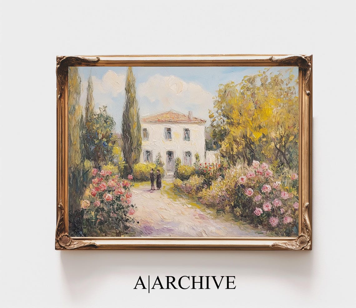 Cypress Trees Cottage Garden Path Vintage Impressionist Art Poster