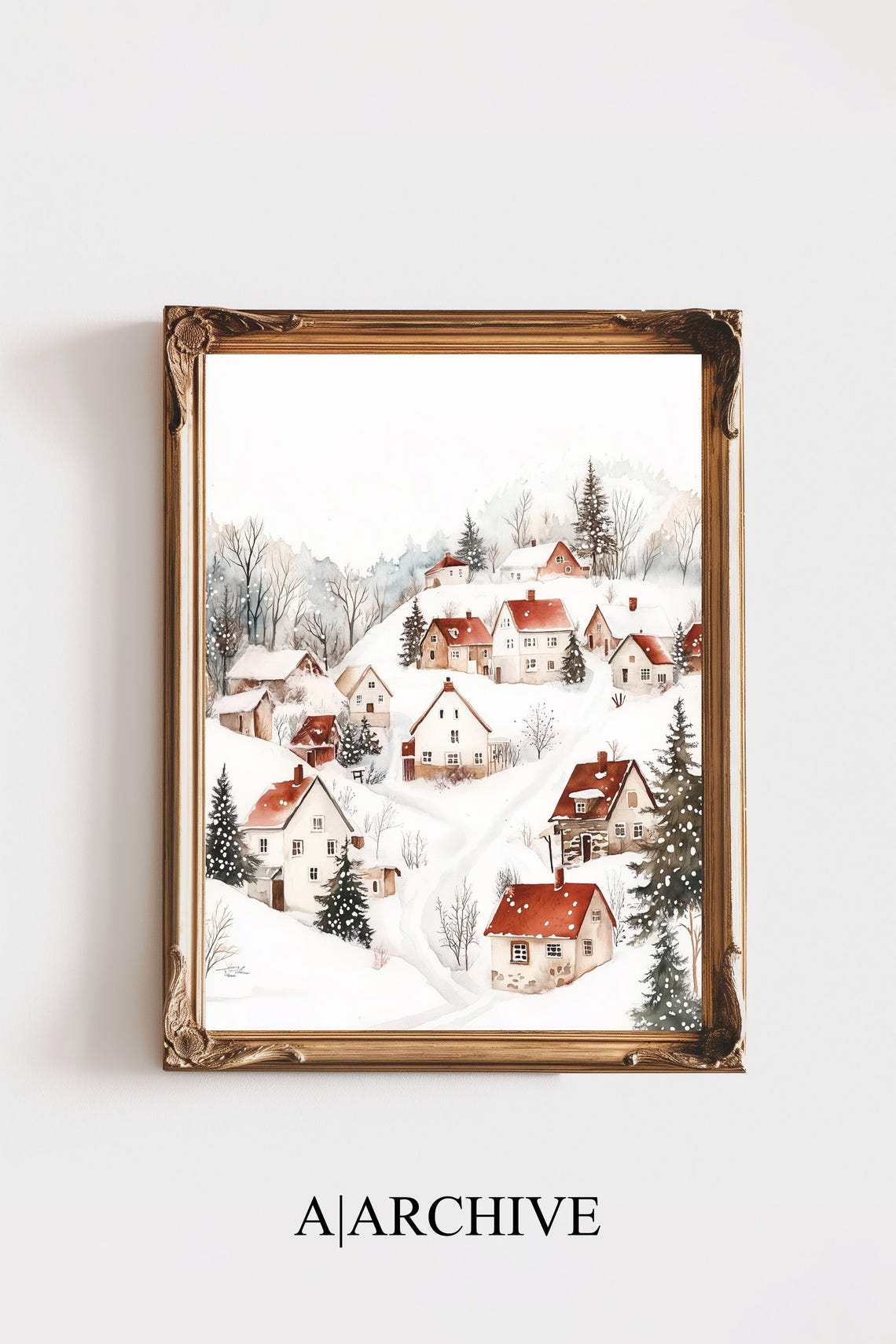 Winter Village Red Roofs Snowy Hillside Path Pines Christmas Poster