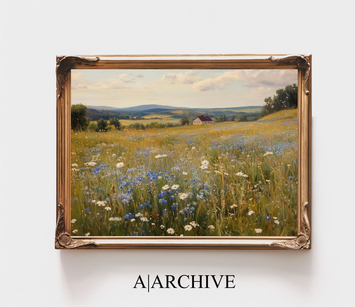 Golden Meadow Blue Cornflowers Farmhouse Country Landscape Poster