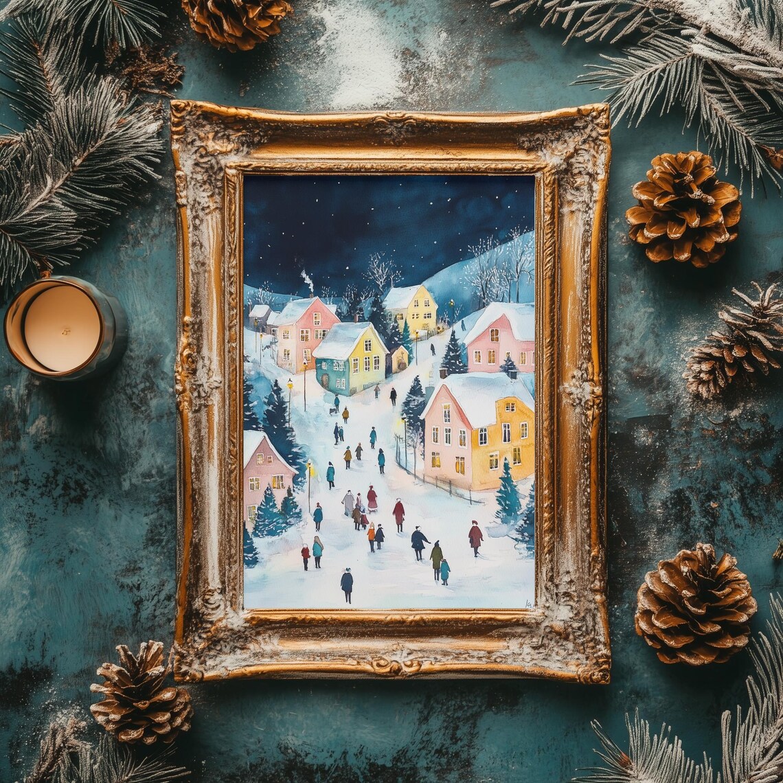 Pink Winter Village Night Scene Watercolor Christmas Holiday Poster - Image 2