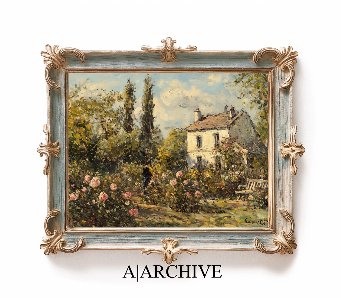 Blooming Pink Roses Cottage Garden Vintage Oil Painting Style Poster - Image 2