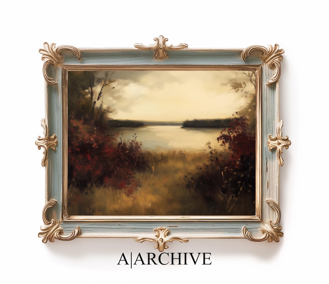 Moody Autumn Lake Landscape Vintage Golden Hour Oil Painting Poster - Image 2