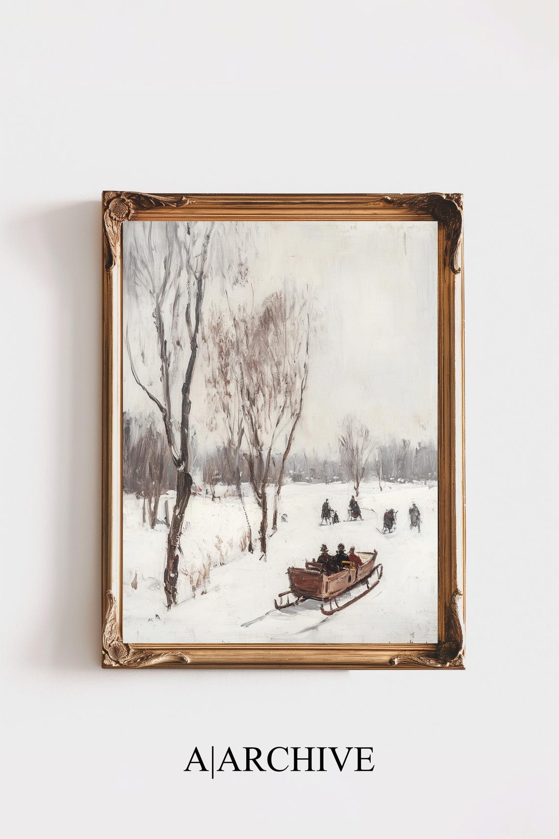 Vintage Horse Sleighs Snowy Field Birch Trees Winter Landscape Poster