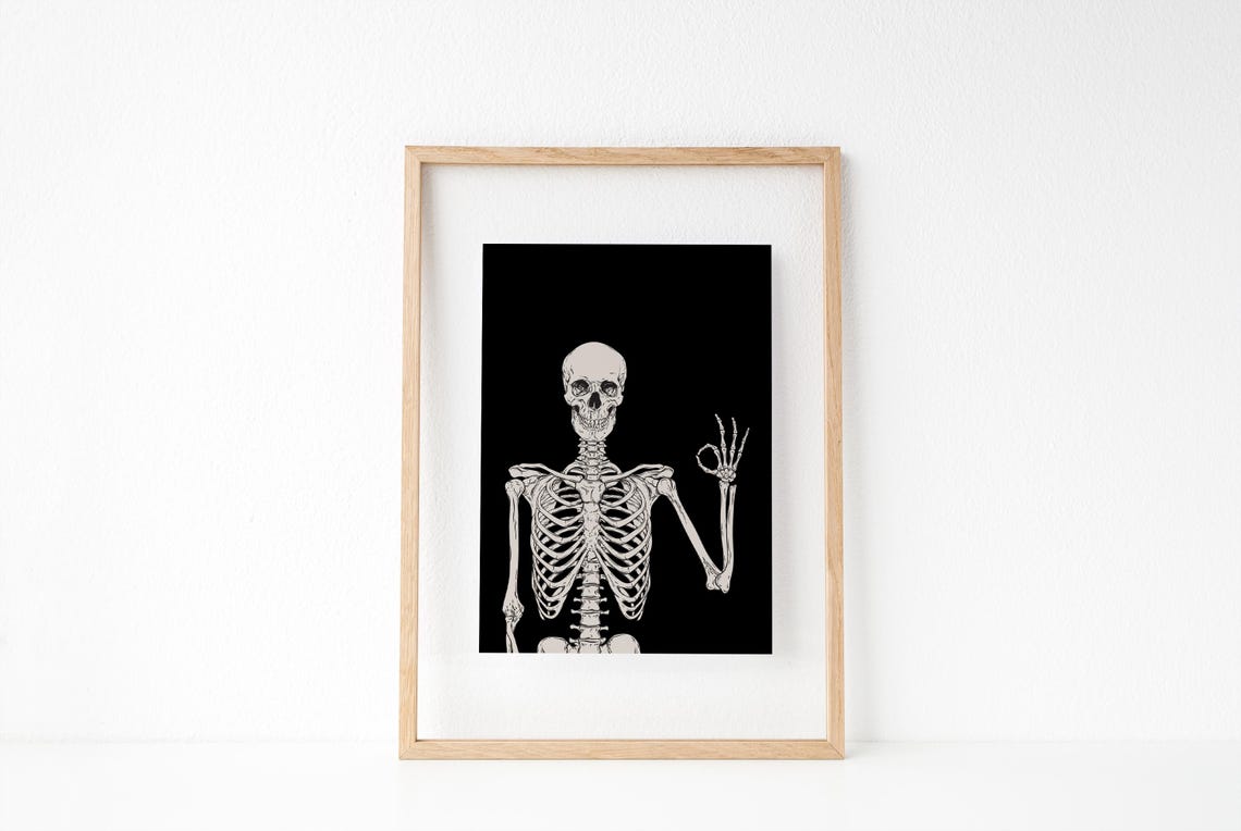 Funny Skeleton Waving Hand Halloween Black Background Art Poster - Image 2