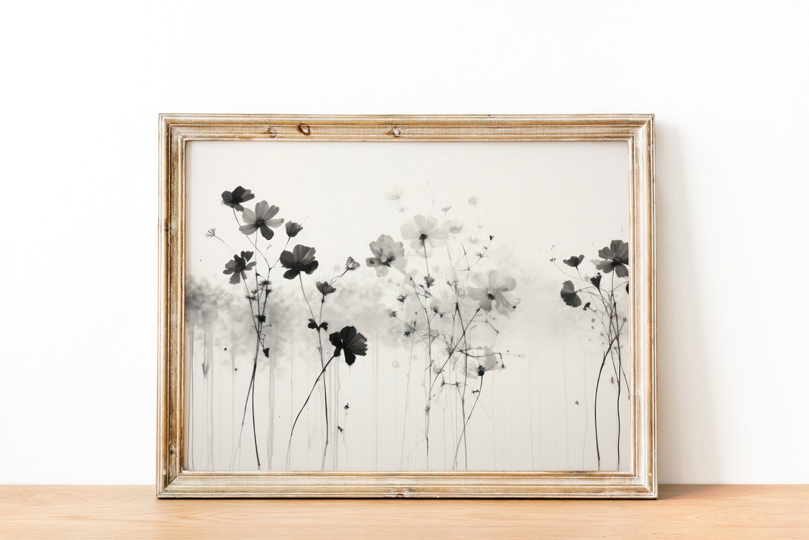 Black Floral Botanical Poster Neutral Ink Wildflower Wall Decor - Image 2